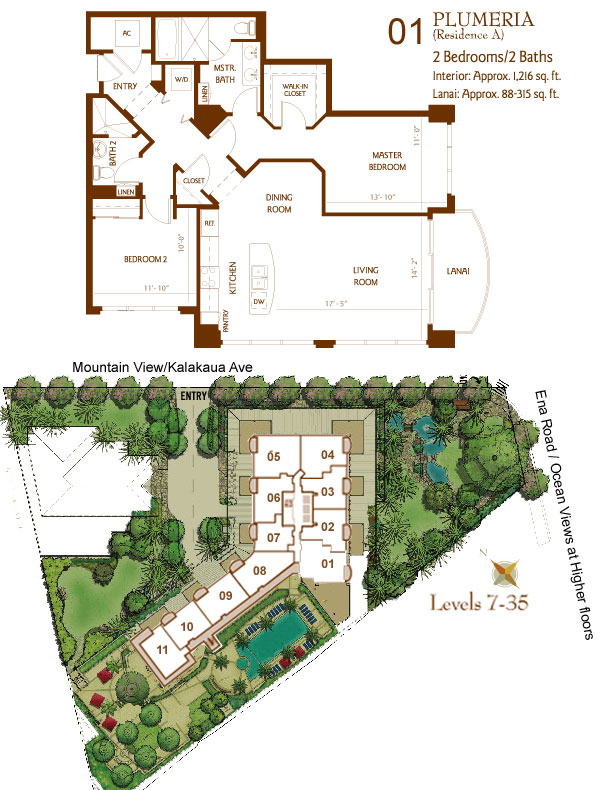 Bedrooms: 2 Baths: 2 Square Feet: 1,216 SF Lanai: 88 Qty: 29 Comments: 35th floor Penthouse has a 234 sf lanai. All others are 88 sf. Found in units: 01