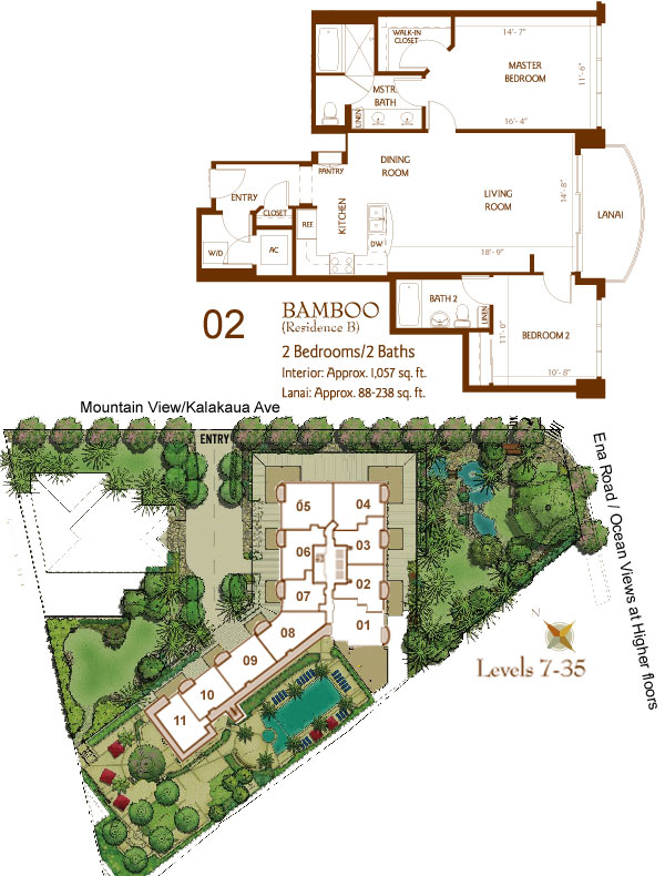 Bedrooms: 2 Baths: 2 Square Feet: 1,057 SF Lanai: 88 sf Qty: 30 Comments: 35th floor Penthouse and 6th floor have a 234 sf lanai. All others are 88 sf. Found in units: 02