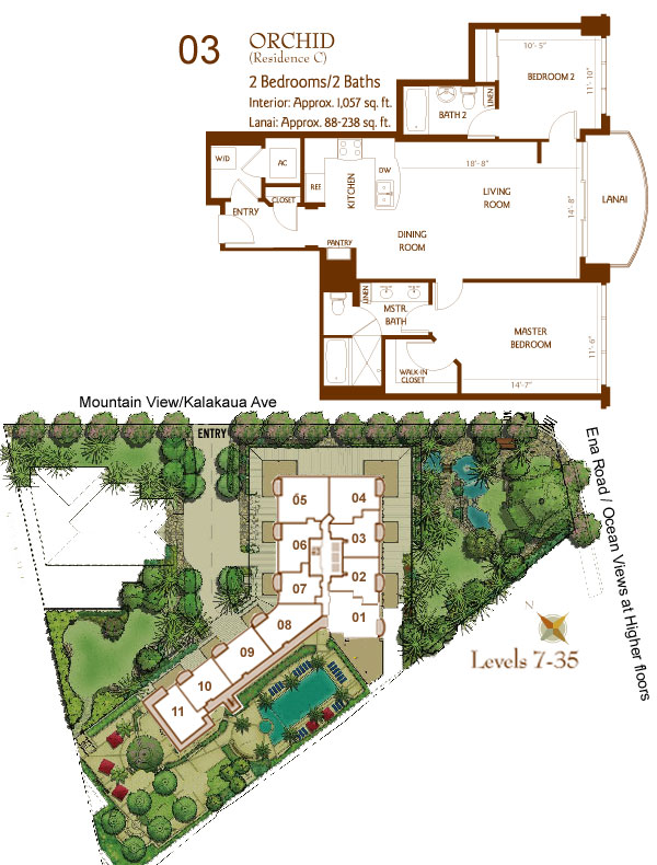 Bedrooms: 2 Baths: 2 Square Feet: 1,057 SF Lanai: 88 Qty: 30 Comments: 35th floor Penthouse and 6th floor have a 234 sf lanai. All others are 88 sf. Found in units: 03