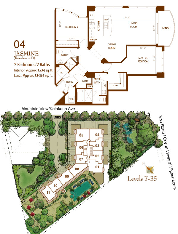 Bedrooms: 2 Baths: 2 Square Feet: 1,234 SF Lanai: 88 Qty: 30 Comments: 35th floor Penthouse has a 317 sf lanai. 6th floor has a 566 sf lanai. All others are 88 sf. Found in units: 04