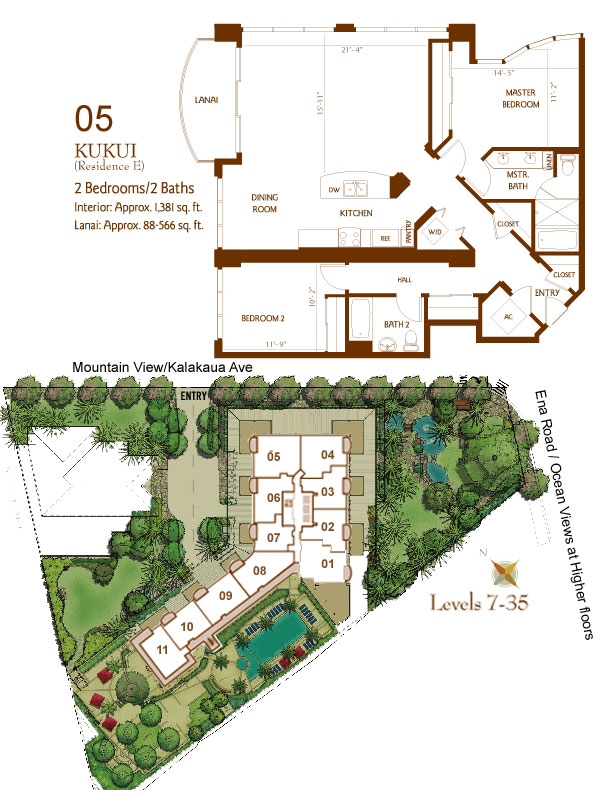 Bedrooms: 2 Baths: 2 Square Feet: 1,381 SF Lanai: 88 Qty: 30 Comments: 35th floor Penthouse has a 317 sf lanai. 6th floor has a 566 sf lanai. All others are 88 sf. Found in units: 05