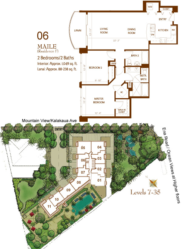 Bedrooms: 2 Baths: 2 Square Feet: 1,049 SF Lanai: 88 Qty: 9 Comments: 6th floor has a 234 sf lanai. Found in units: 06