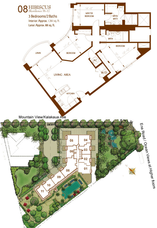 Bedrooms: 3 Baths: 2 Square Feet: 1,633 SF Lanai: 176 Qty: 12 Comments: 35th floor Penthouse hasa 363 sf lanai. All others are 176 sf. Found in units: 06 -------------------------------------- Bedrooms: 3 Baths: 2.5 Square Feet: 1,361 SF Lanai: 88 Qty: 8 Found in units: 08
