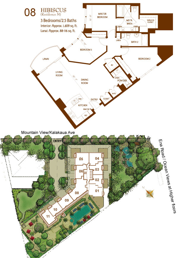 Bedrooms: 3 Baths: 2.5 Square Feet: 1,409 SF Lanai: 88 Qty: 11 Comments: 35th floor Penthouse has a 116 sf lanai. All others are 88 sf. Found in units: 08