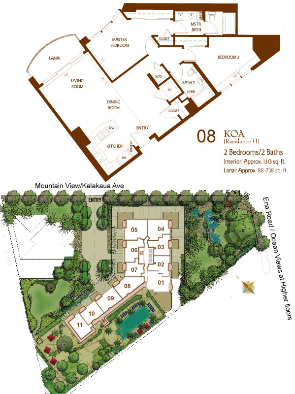 Bedrooms: 2 Baths: 2 Square Feet: 1,113 SF Lanai: 88 Qty: 9 Comments: 6th floor has a 238 sf lanai. Found in units: 08