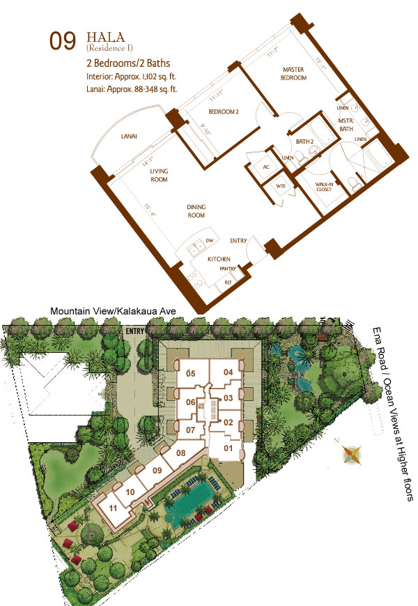 Bedrooms: 2 Baths: 2 Square Feet: 1,102 SF Lanai: 88 Qty: 30 Comments: 35th floor Penthouse has a 348 sf lanai. 6th floor has a 238 sf lanai. Found in units: 09