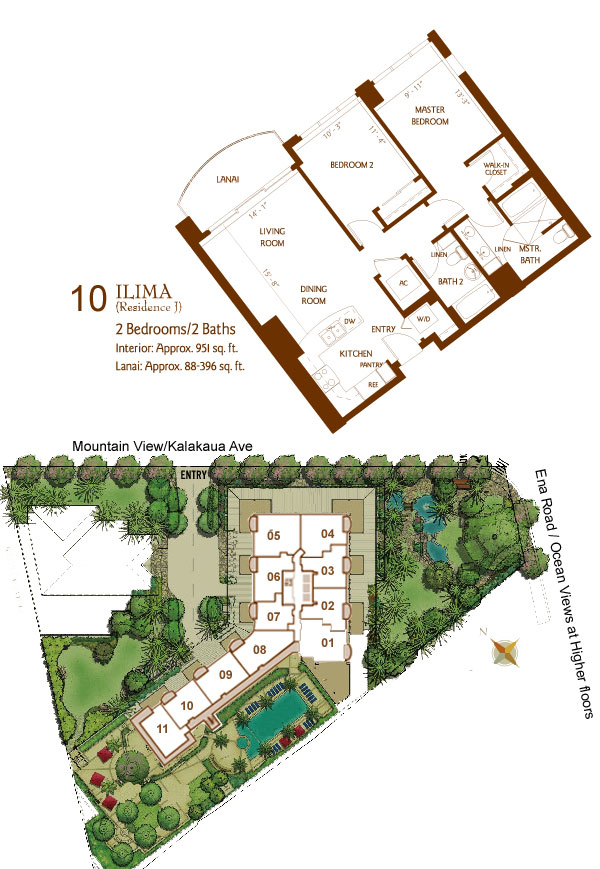 Bedrooms: 2 Baths: 2 Square Feet: 951 SF Lanai: 88 Qty: 26 Comments: 6th floor has a 234 sf lanai. Found in units: 10